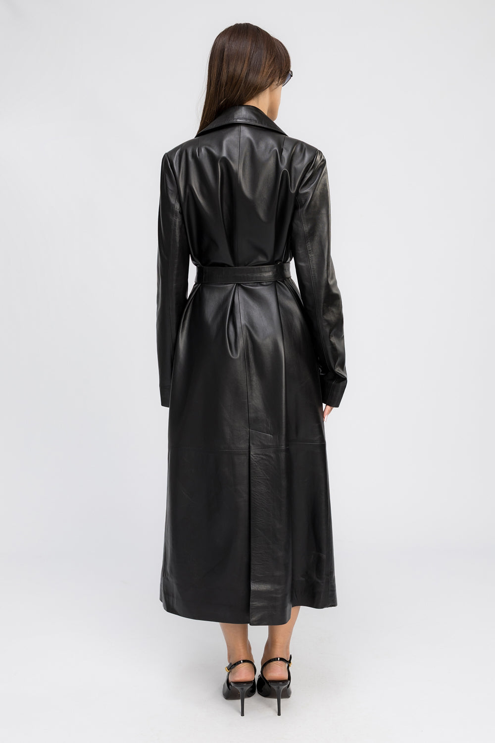 Trench din Piele Naturală, cu Guler Rever și Cordon, Femei, Obsidian Black 440