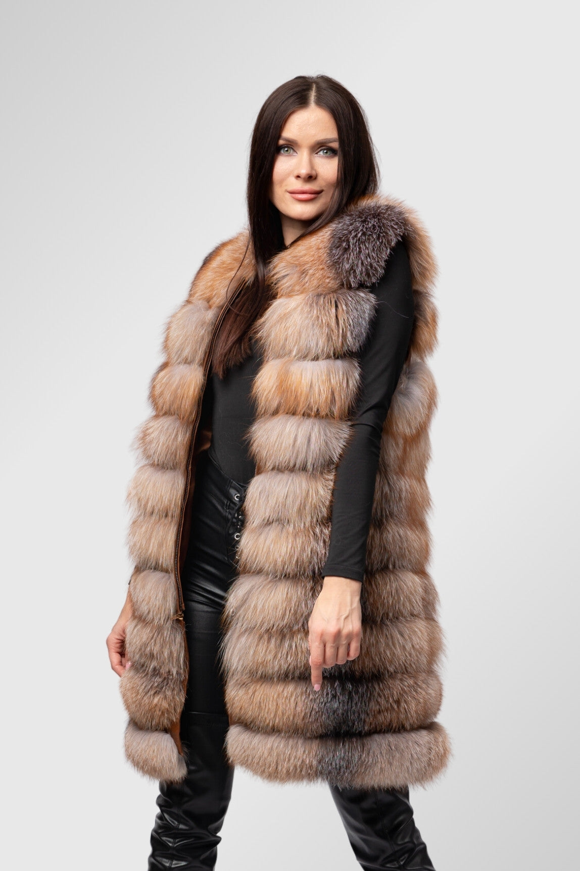 Vestă din Blană Naturală de Vulpe Argintie, Femei, Brown Frost 316