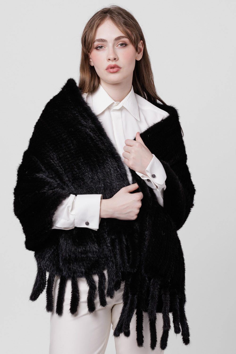 Șal din Blană Naturală de Vizon, model Împletit, Femei, Diamond 301