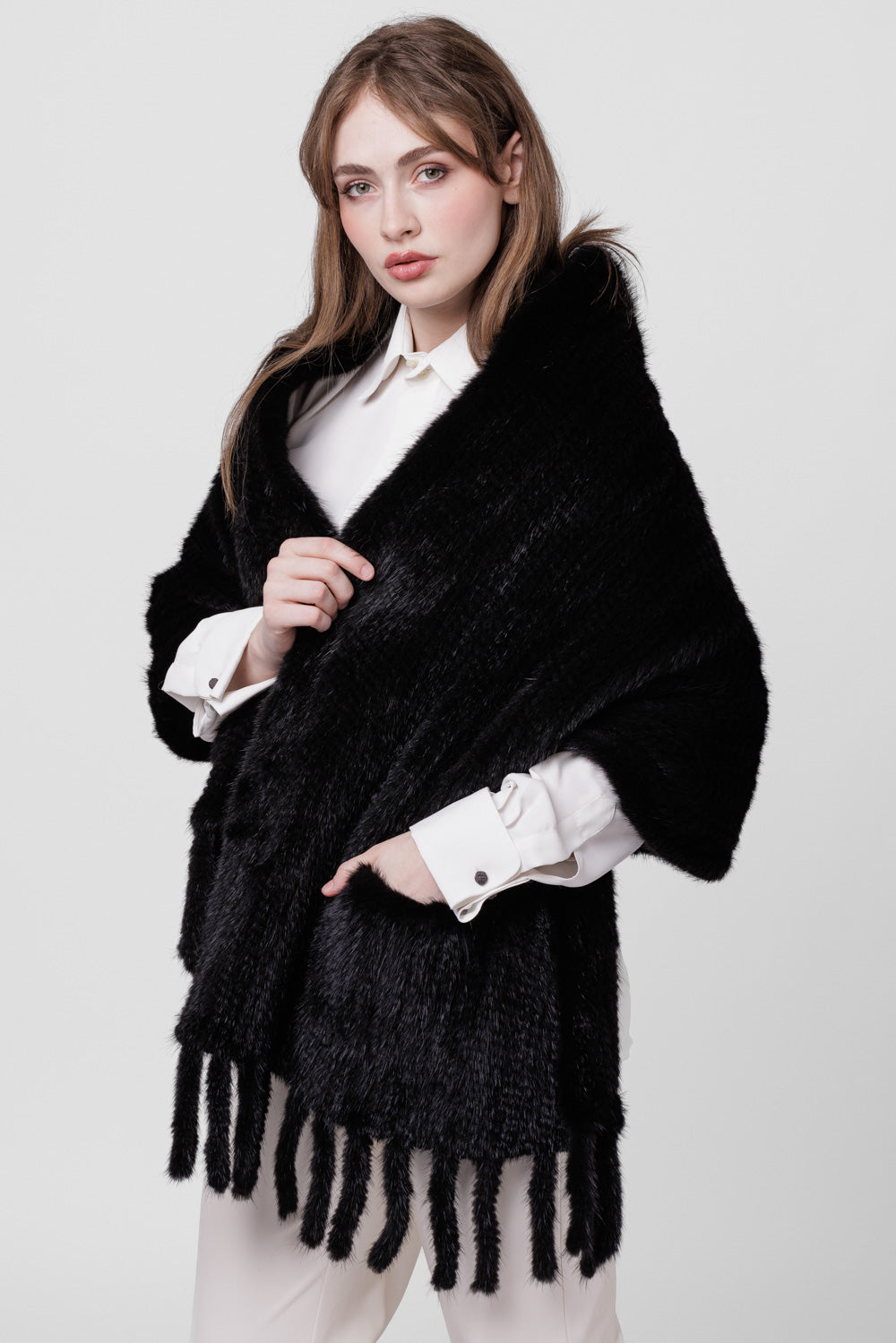 Șal din Blană Naturală de Vizon, model Împletit, Femei, Diamond 301
