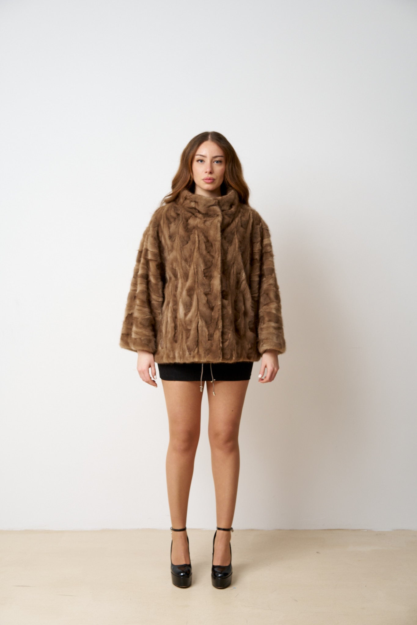 Haină din Blană Naturală de Vizon, Mâneci 3/4, Femei, Pastel 487