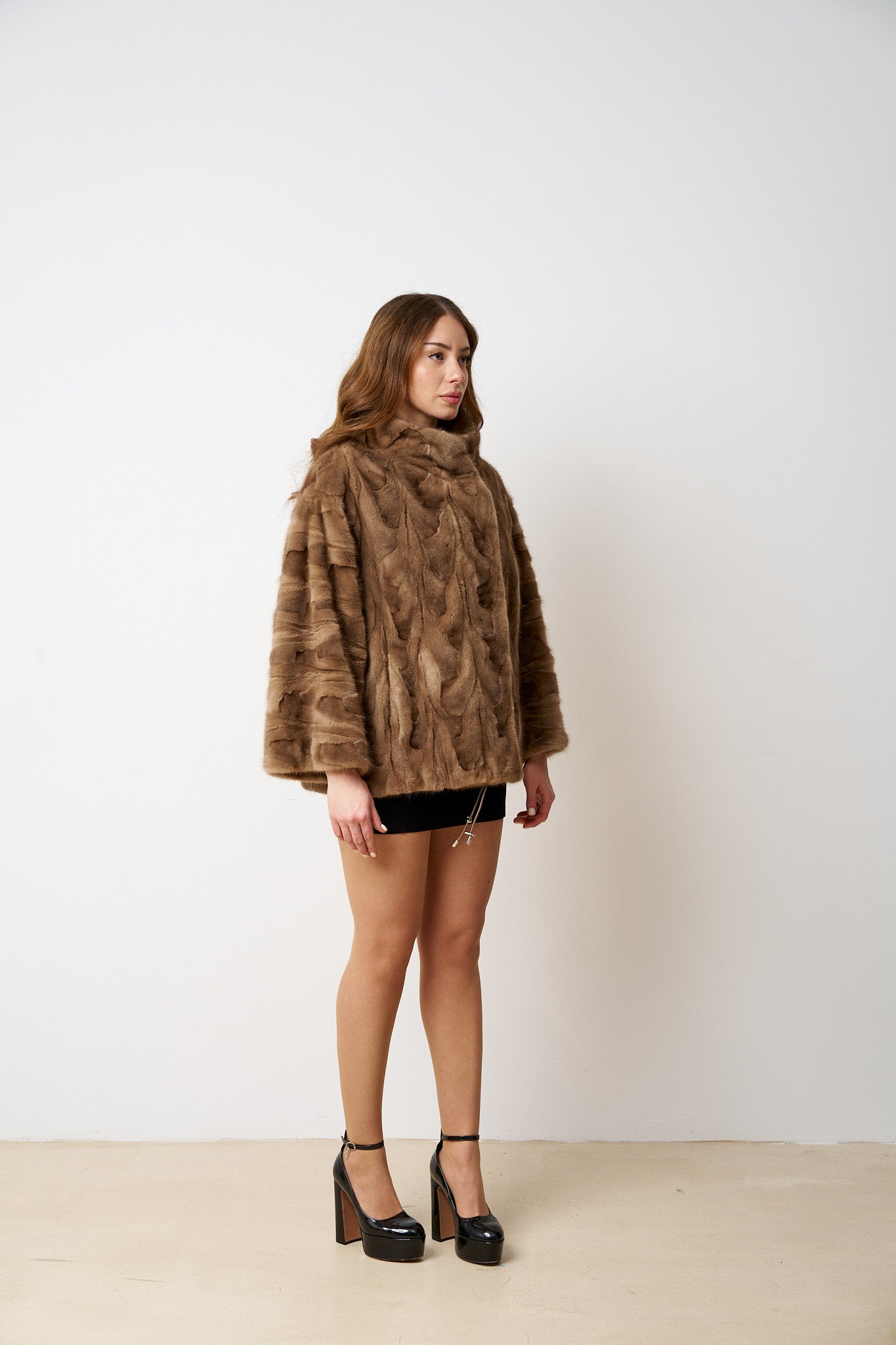 Haină din Blană Naturală de Vizon, Mâneci 3/4, Femei, Pastel 487