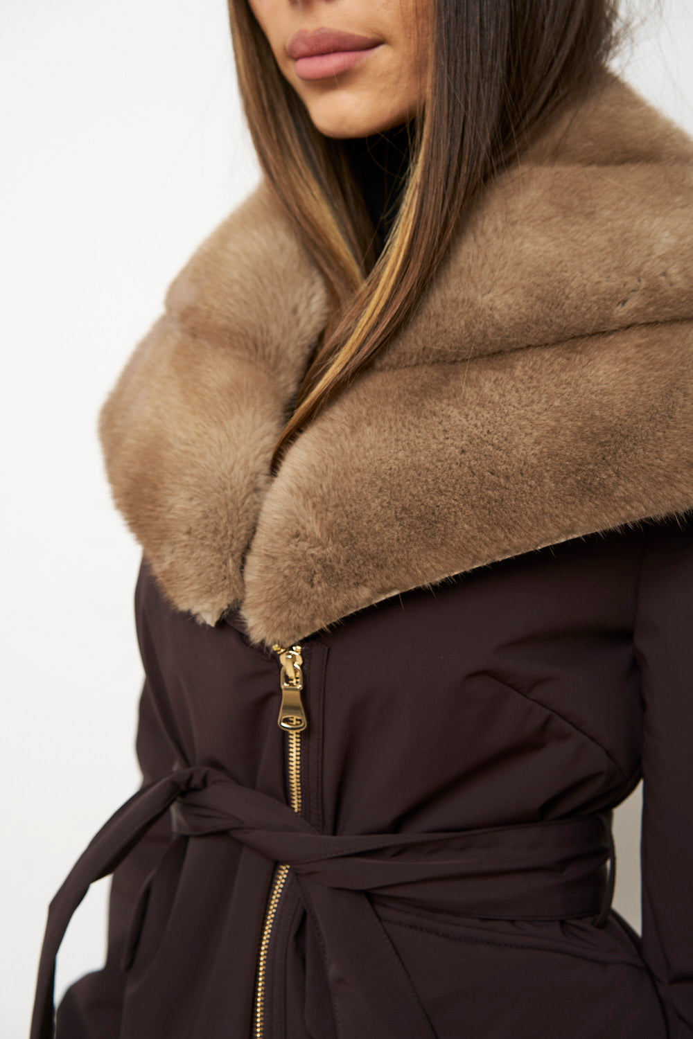 Geacă din Fâș cu Guler din Blană Vizon pentru Femei, Maro, Mareus