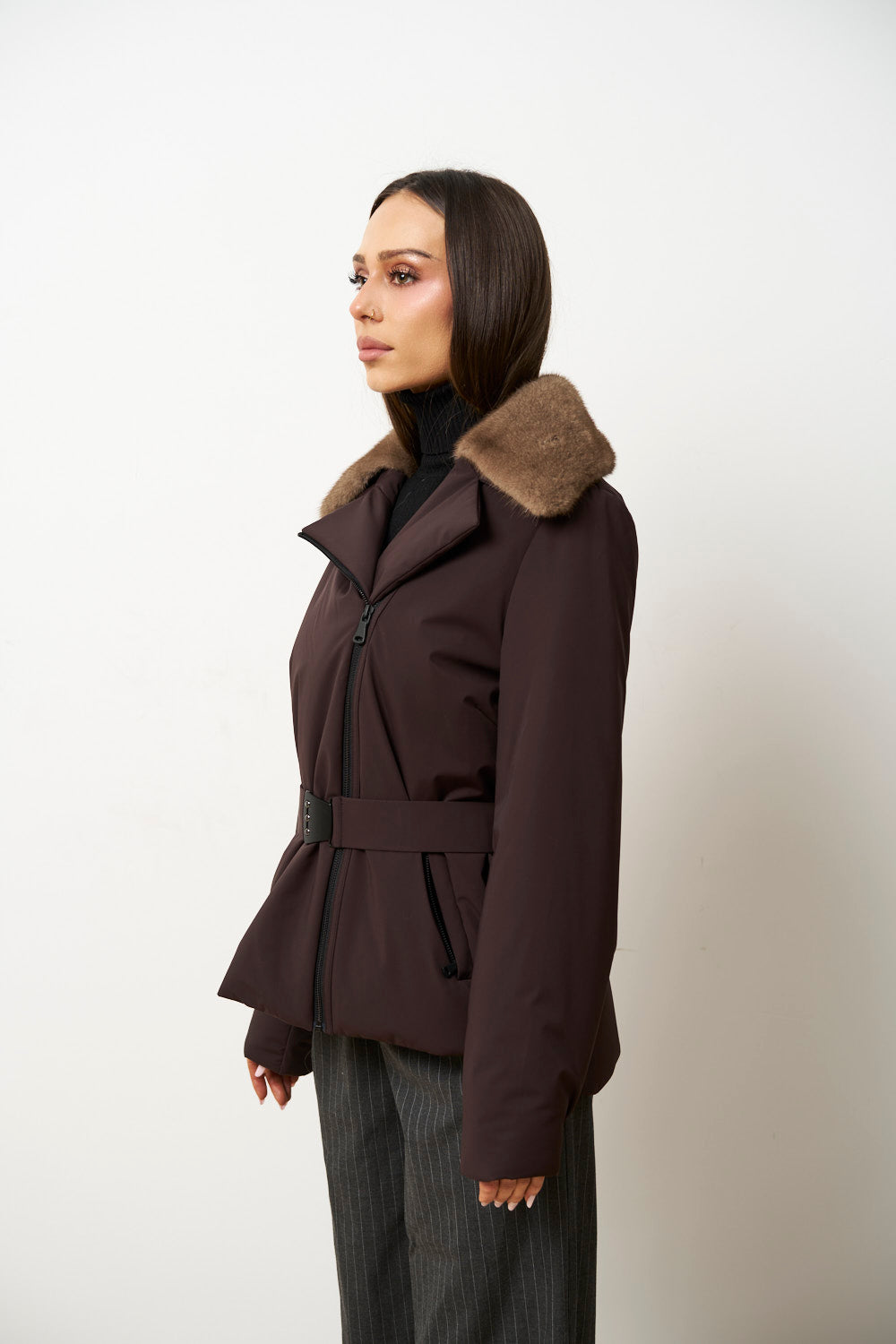 Geacă din Fâș cu Guler Detașabil din Blană Vizon, Maro, Mareus