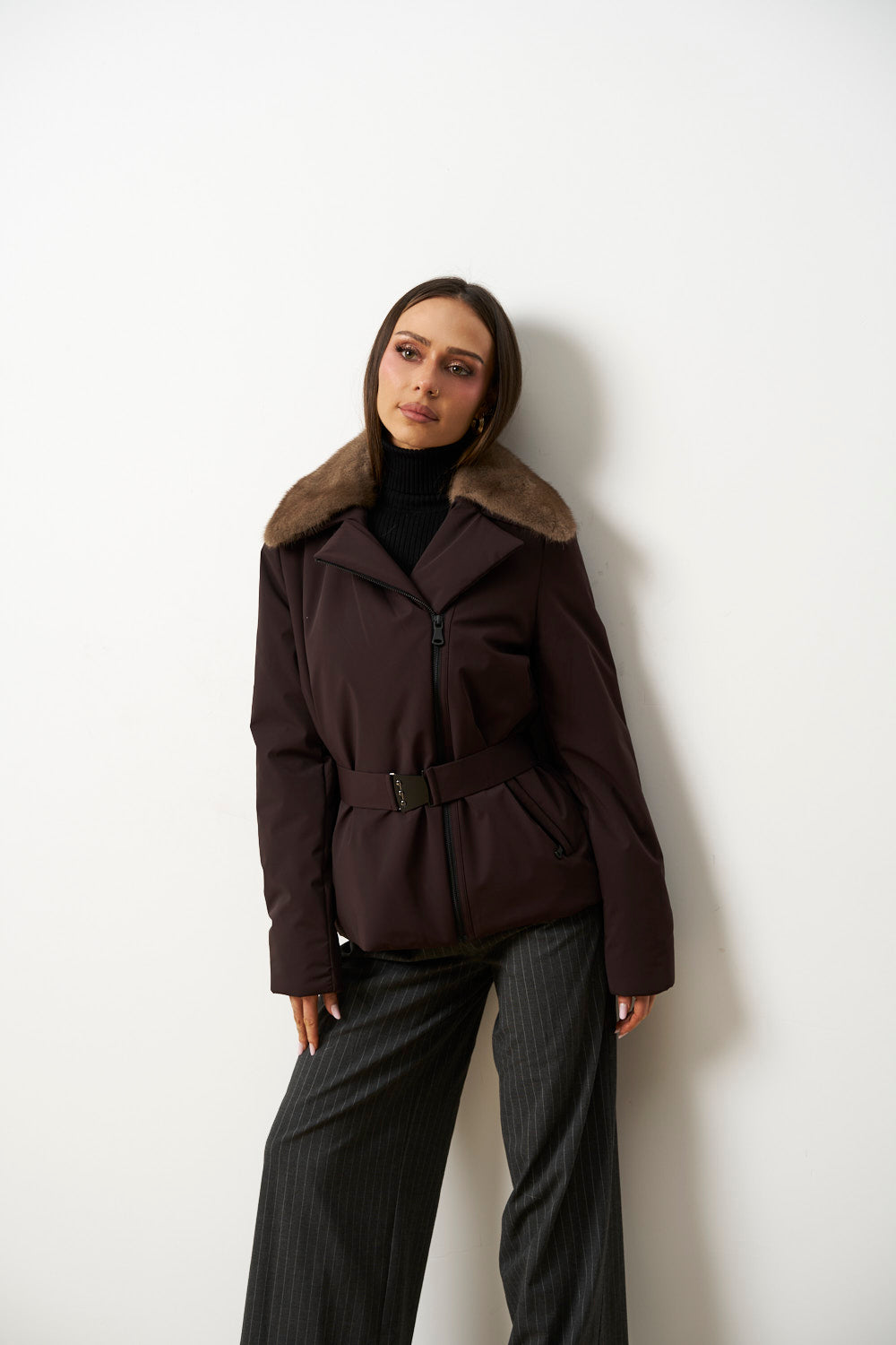 Geacă din Fâș cu Guler Detașabil din Blană Vizon, Maro, Mareus