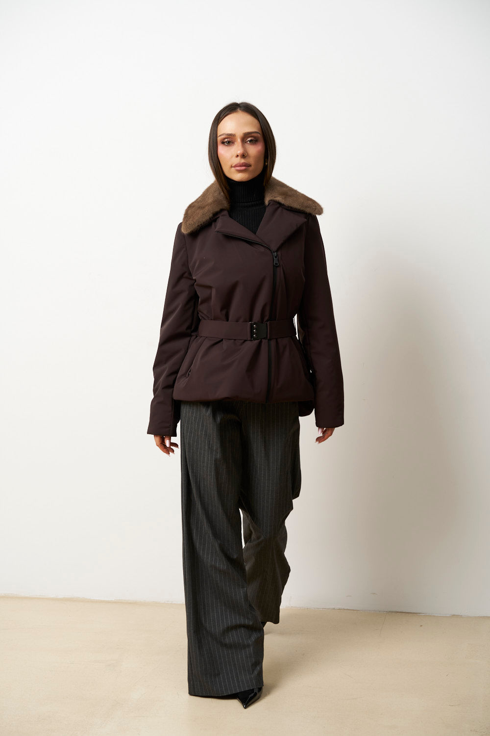 Geacă din Fâș cu Guler Detașabil din Blană Vizon, Maro, Mareus