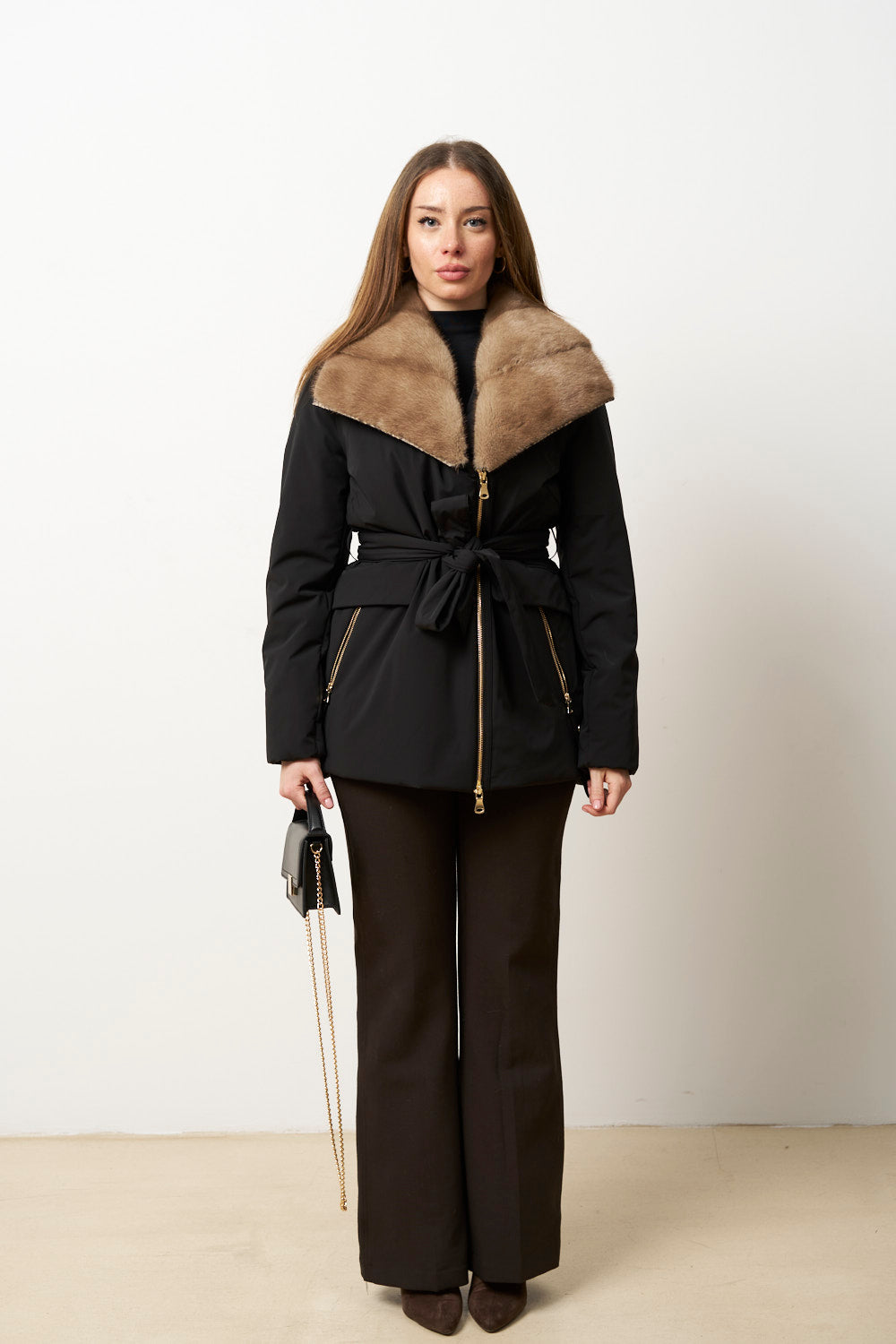 Geacă din Fâș cu Guler din Blană Vizon pentru Femei, Neagra, Mareus