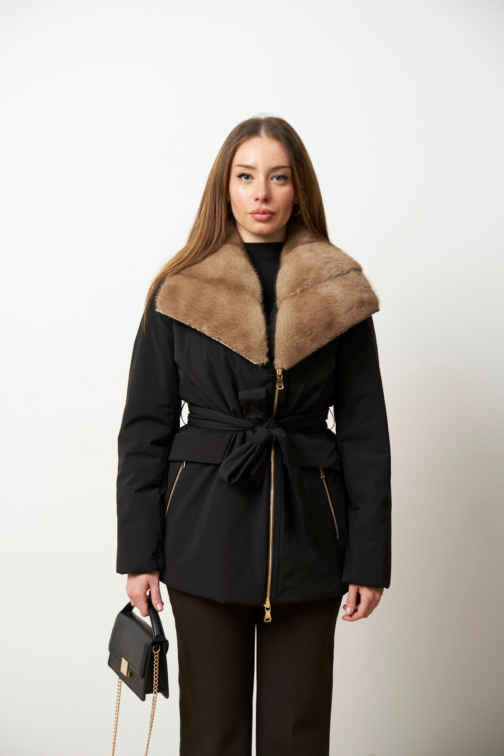 Geacă din Fâș cu Guler din Blană Vizon pentru Femei, Neagra, Mareus