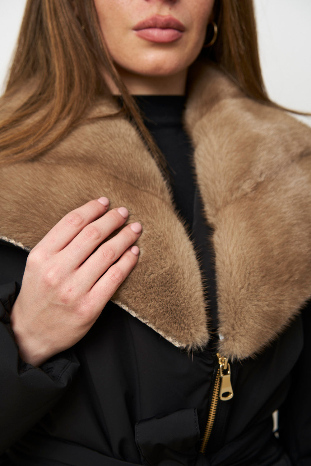 Geacă din Fâș cu Guler din Blană Vizon pentru Femei, Neagra, Mareus