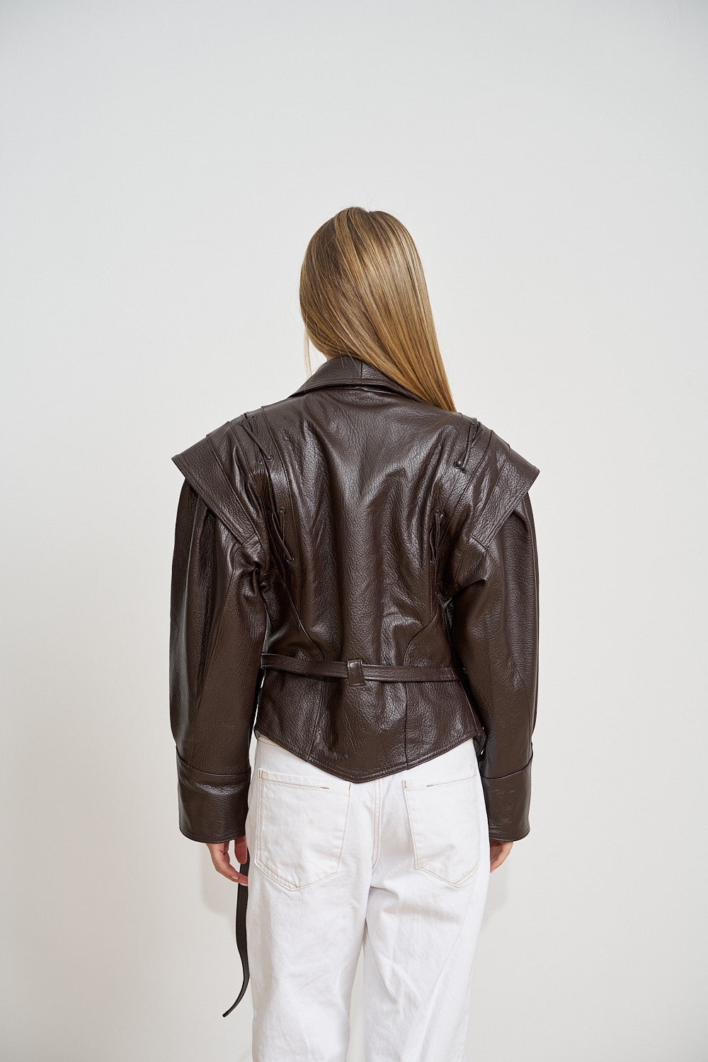 Geacă din Piele Naturală, Guler Șal, cu Cordon, Chocolate 664