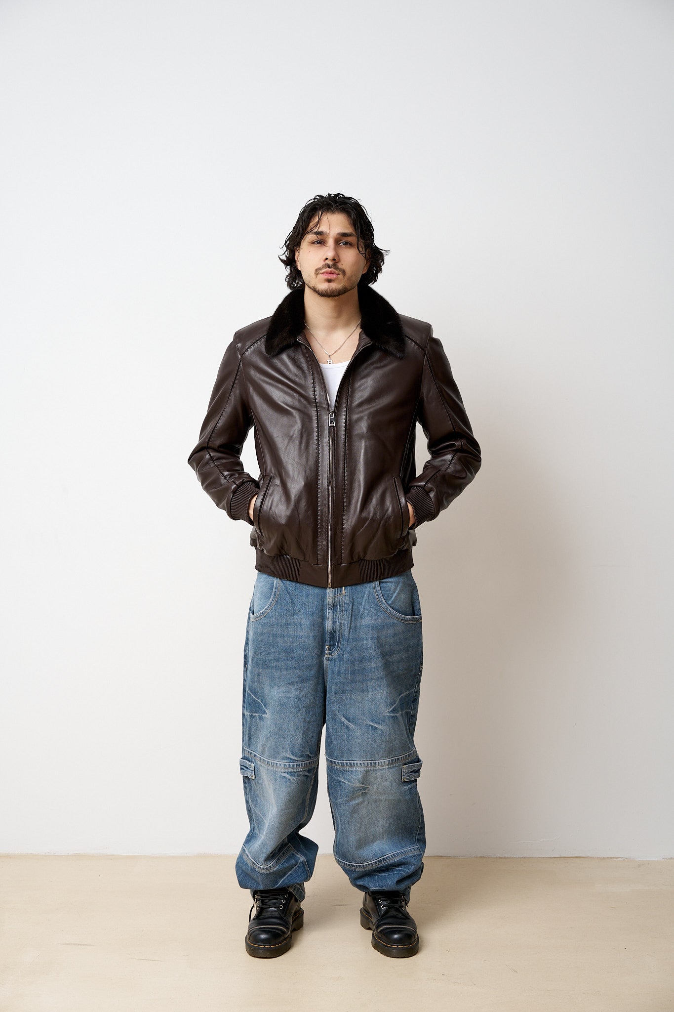 Geacă din Piele Naturală, cu Guler din Vizon, Maro, Mareus