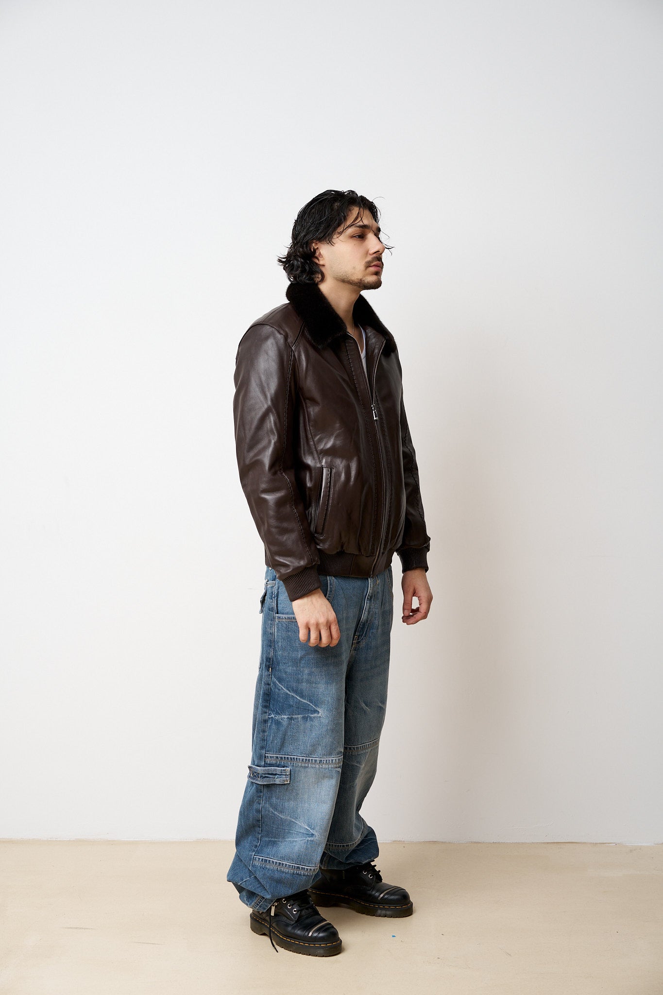 Geacă din Piele Naturală, cu Guler din Vizon, Maro, Mareus