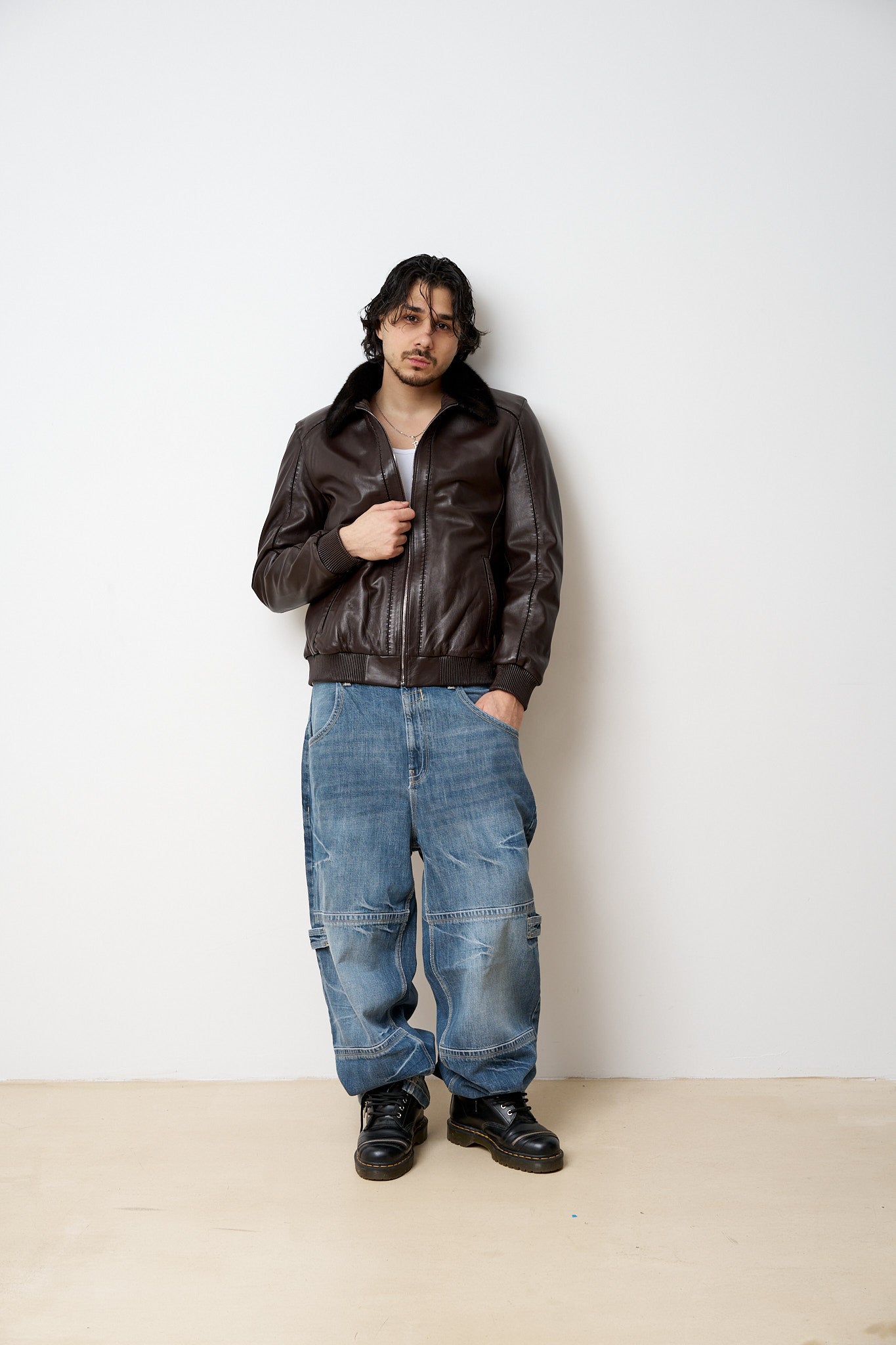 Geacă din Piele Naturală, cu Guler din Vizon, Maro, Mareus