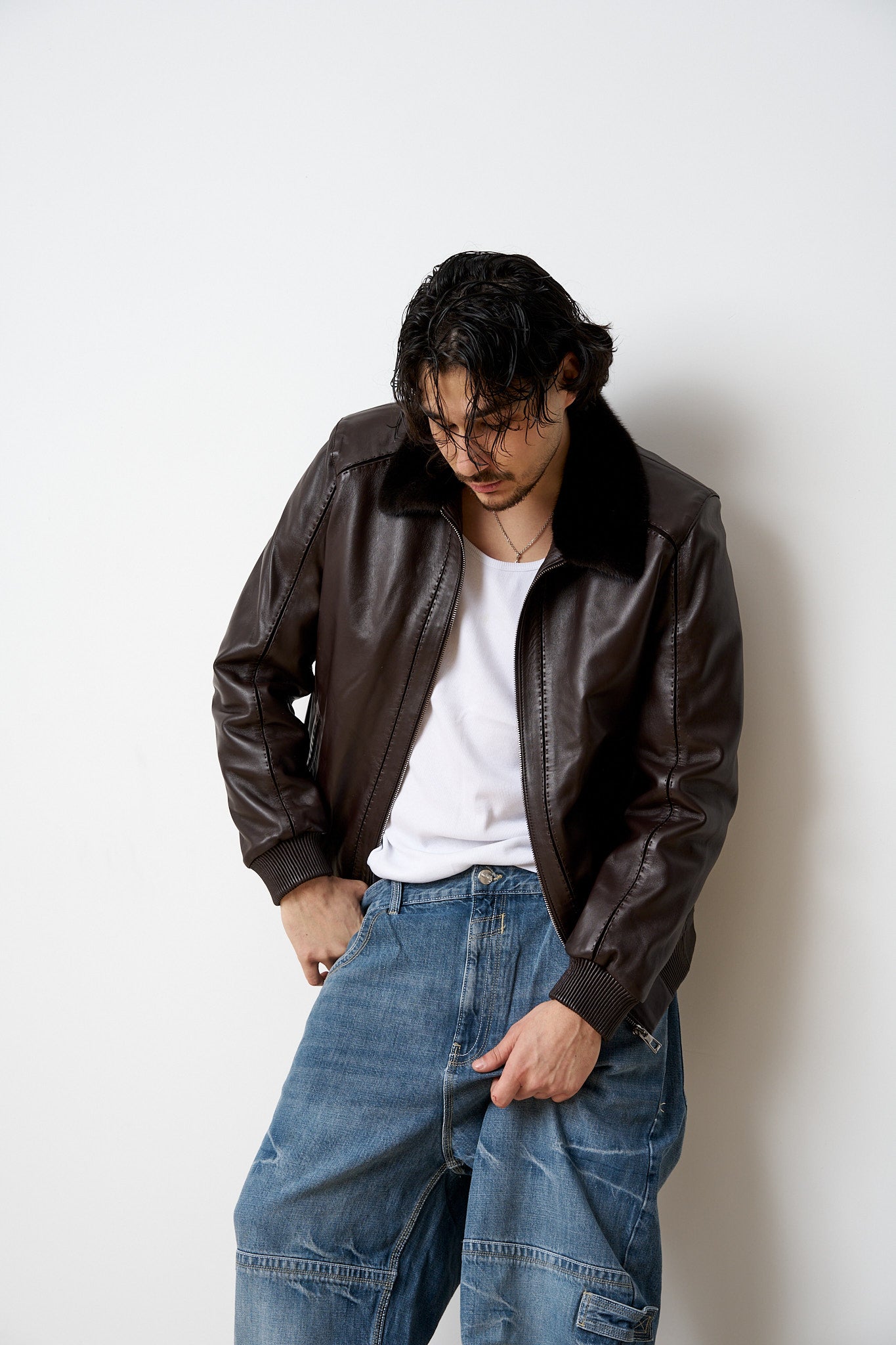 Geacă din Piele Naturală, cu Guler din Vizon, Maro, Mareus