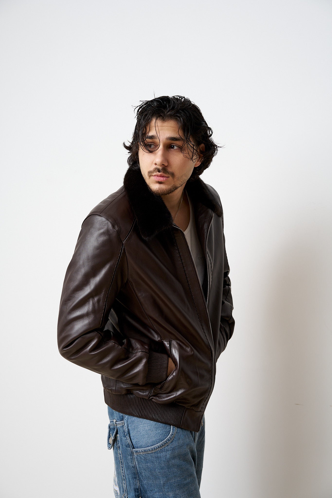 Geacă din Piele Naturală, cu Guler din Vizon, Maro, Mareus