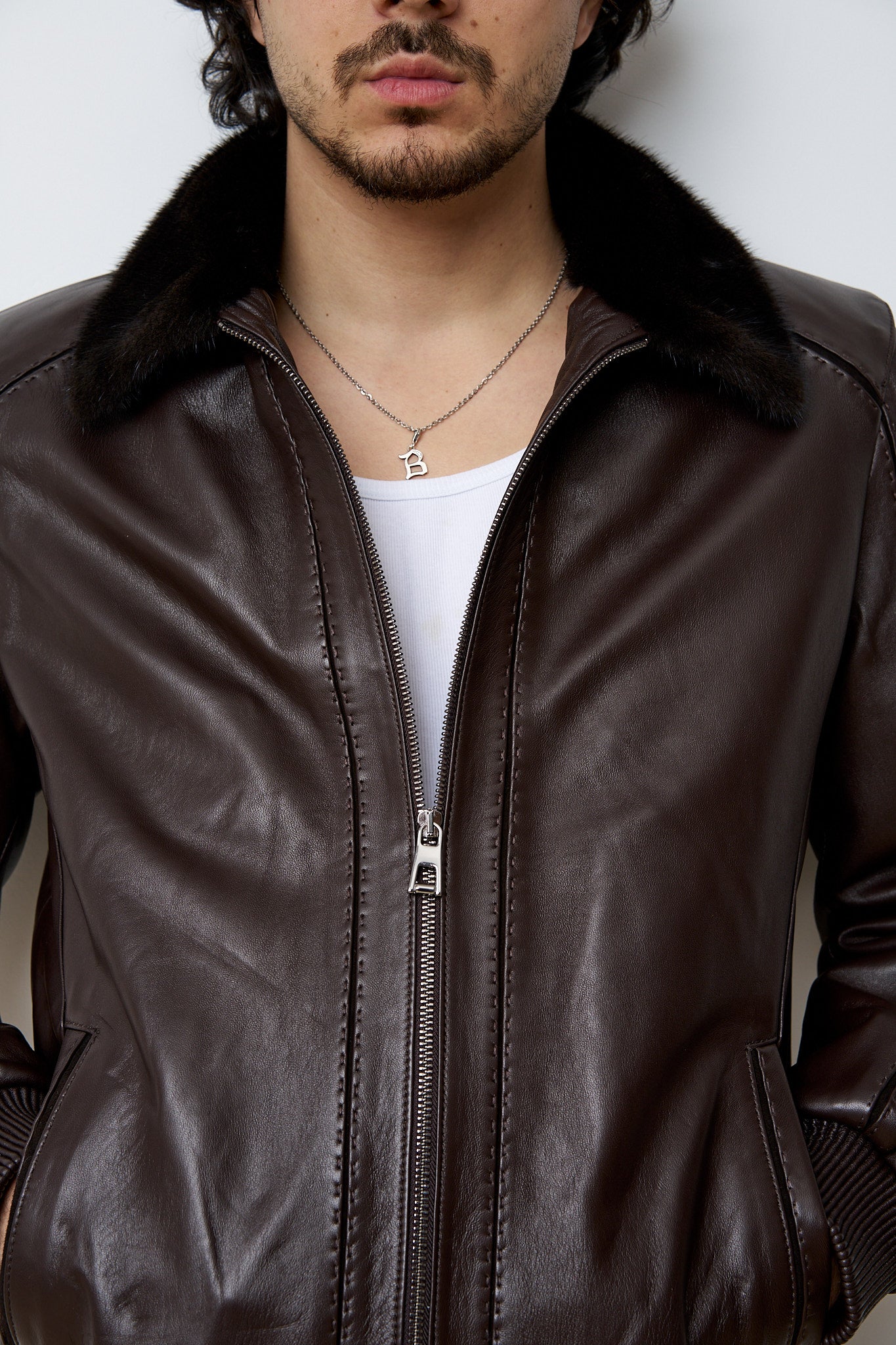 Geacă din Piele Naturală, cu Guler din Vizon, Maro, Mareus