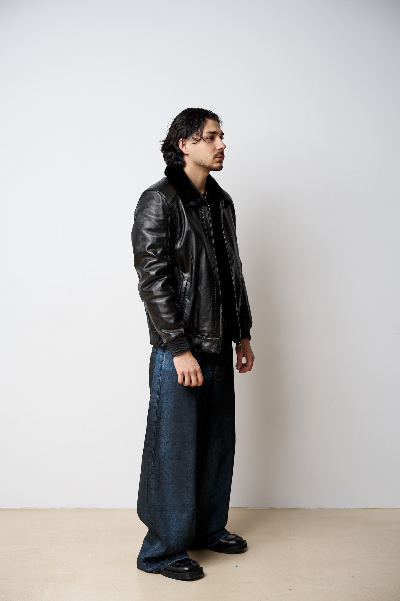 Geacă din Piele Naturală Îmblănită, Guler din Vizon, Negru, Mareus