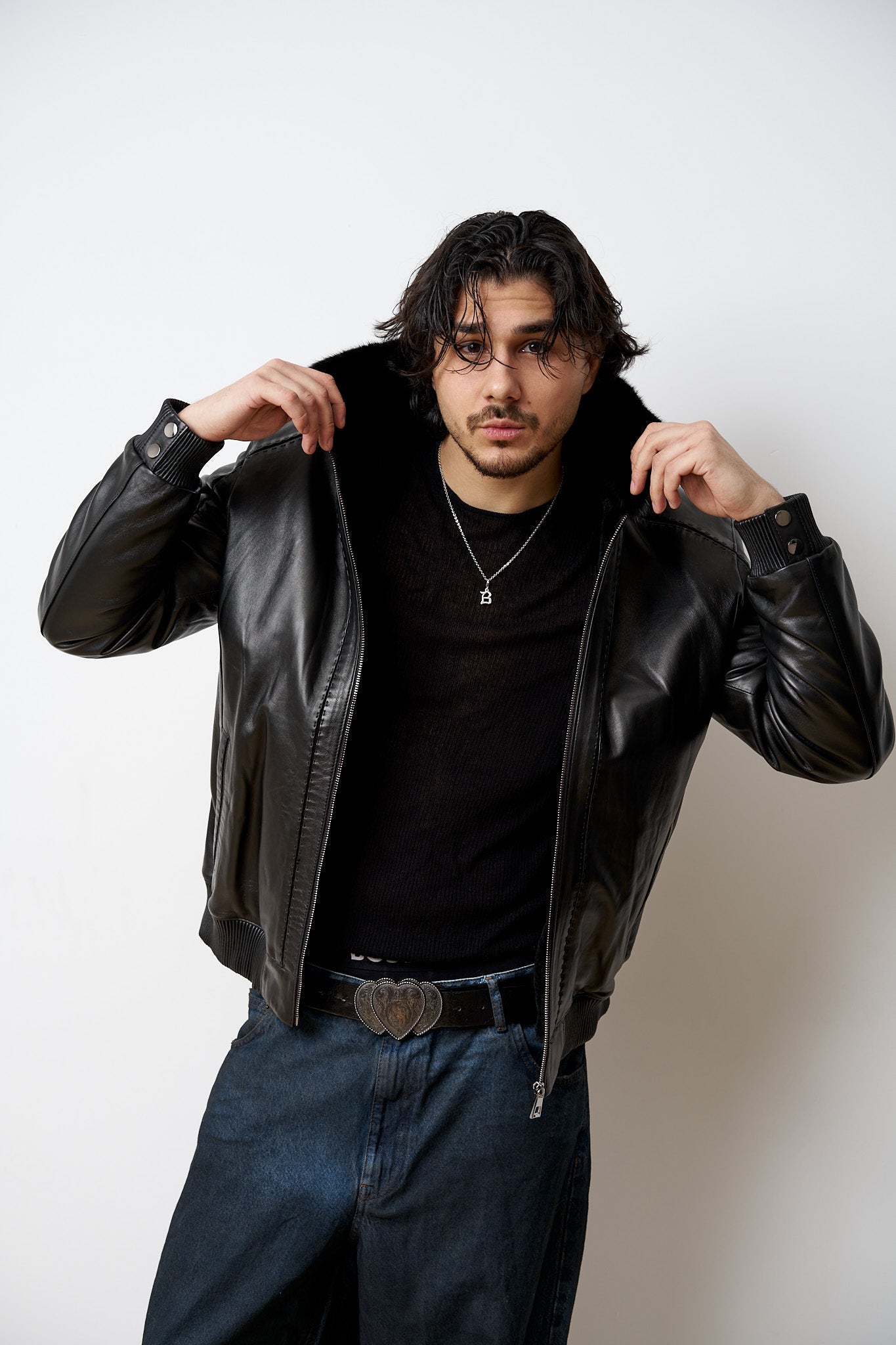 Geacă din Piele Naturală Îmblănită, Guler din Vizon, Negru, Mareus