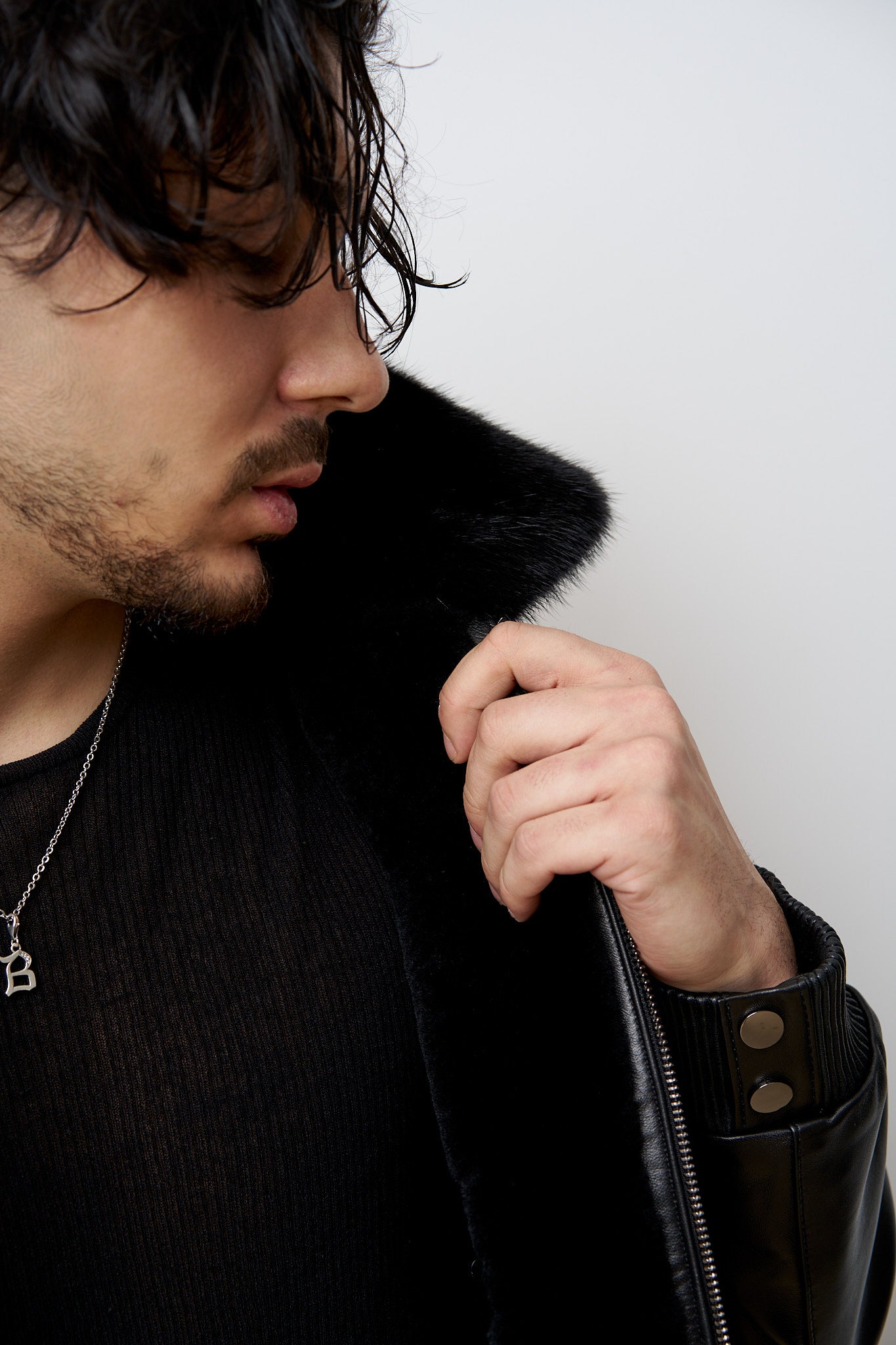 Geacă din Piele Naturală Îmblănită, Guler din Vizon, Negru, Mareus