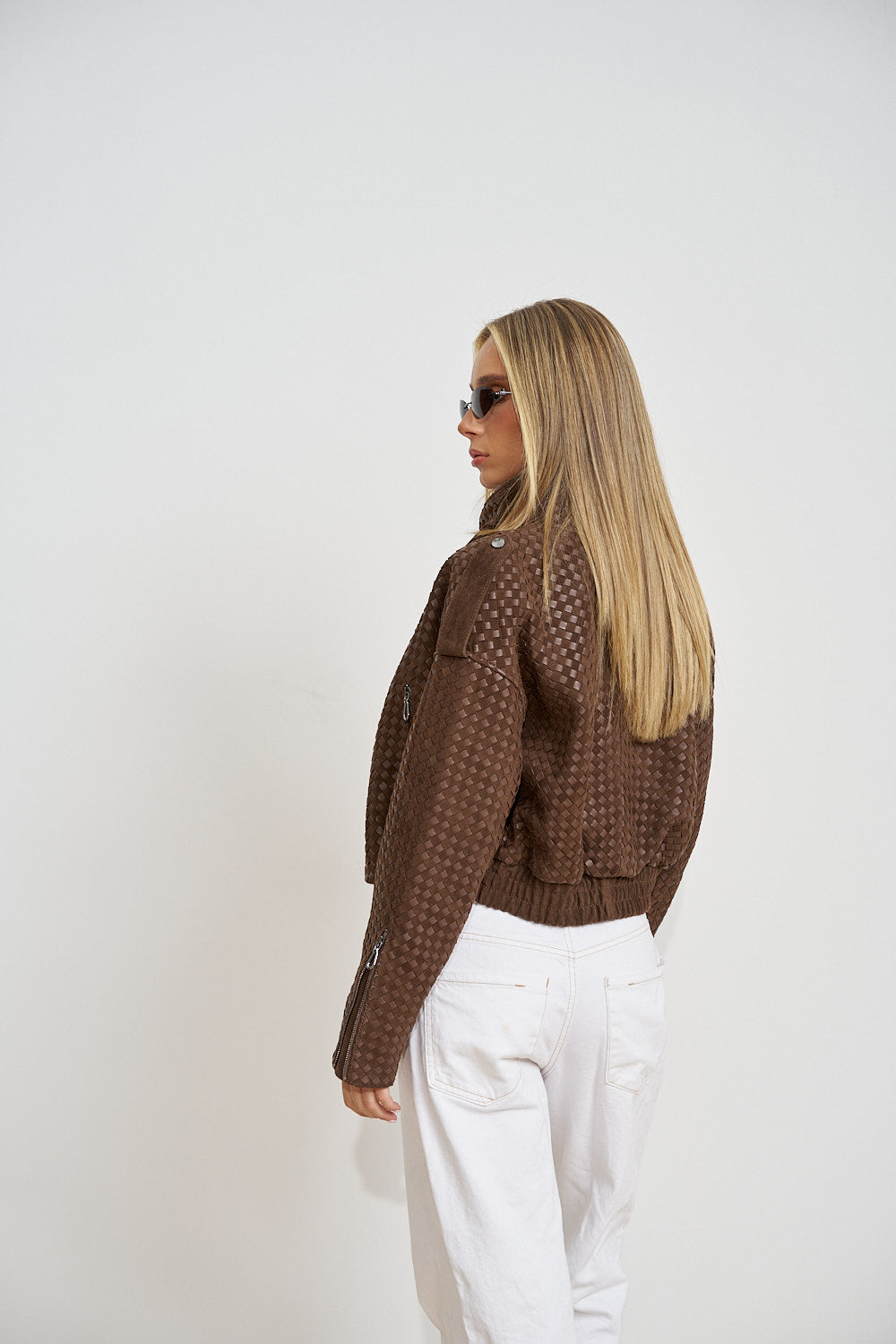 Geacă din Piele Naturală Împletită, Crop, Chocolate Brown 661
