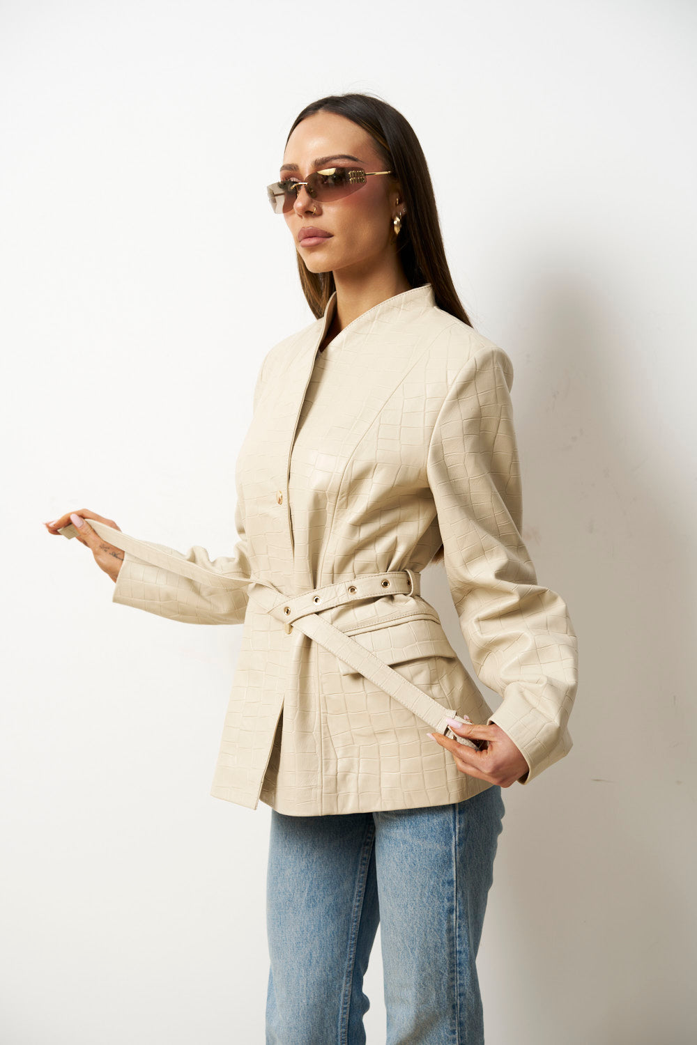 Geacă din Piele Naturală Texturată Crocodil, Cabrata, Bej, pentru Femei, Mareus