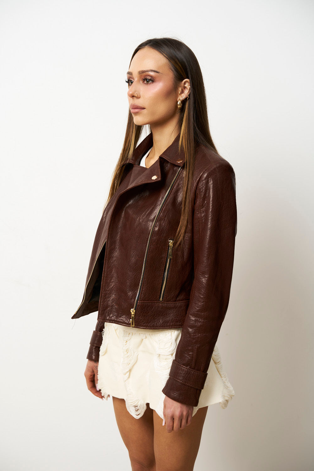 Geacă din Piele Naturală pentru Femei, Cambrata, Maro, Mareus