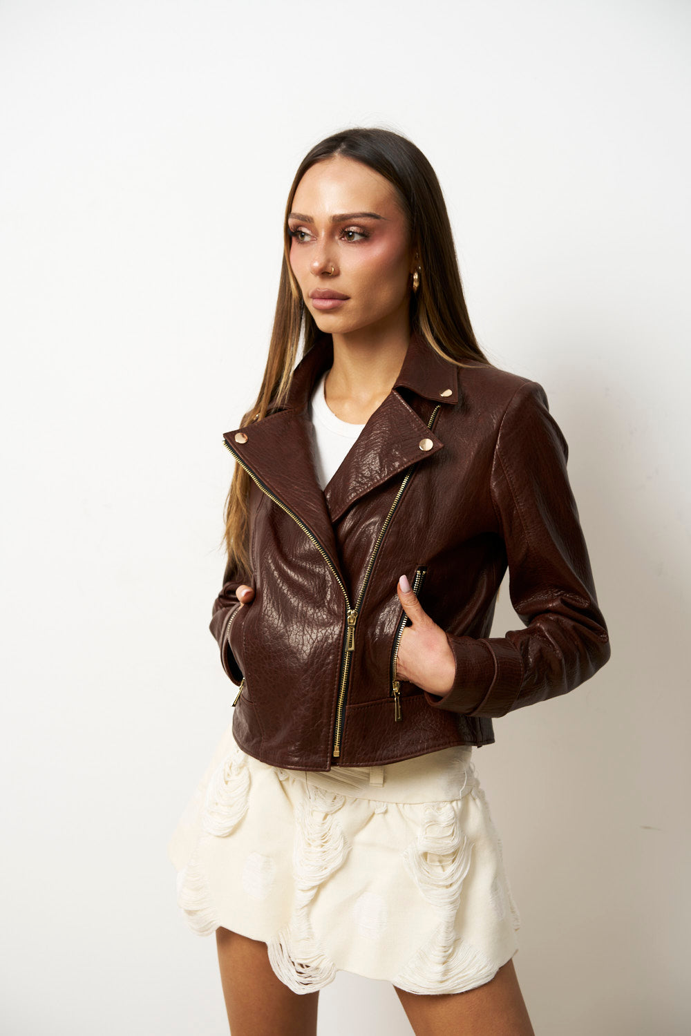 Geacă din Piele Naturală pentru Femei, Cambrata, Maro, Mareus