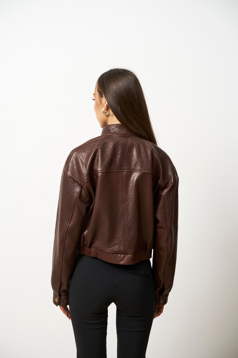 Geacă din Piele Naturală pentru Femei, Cropped, Maro, Mareus