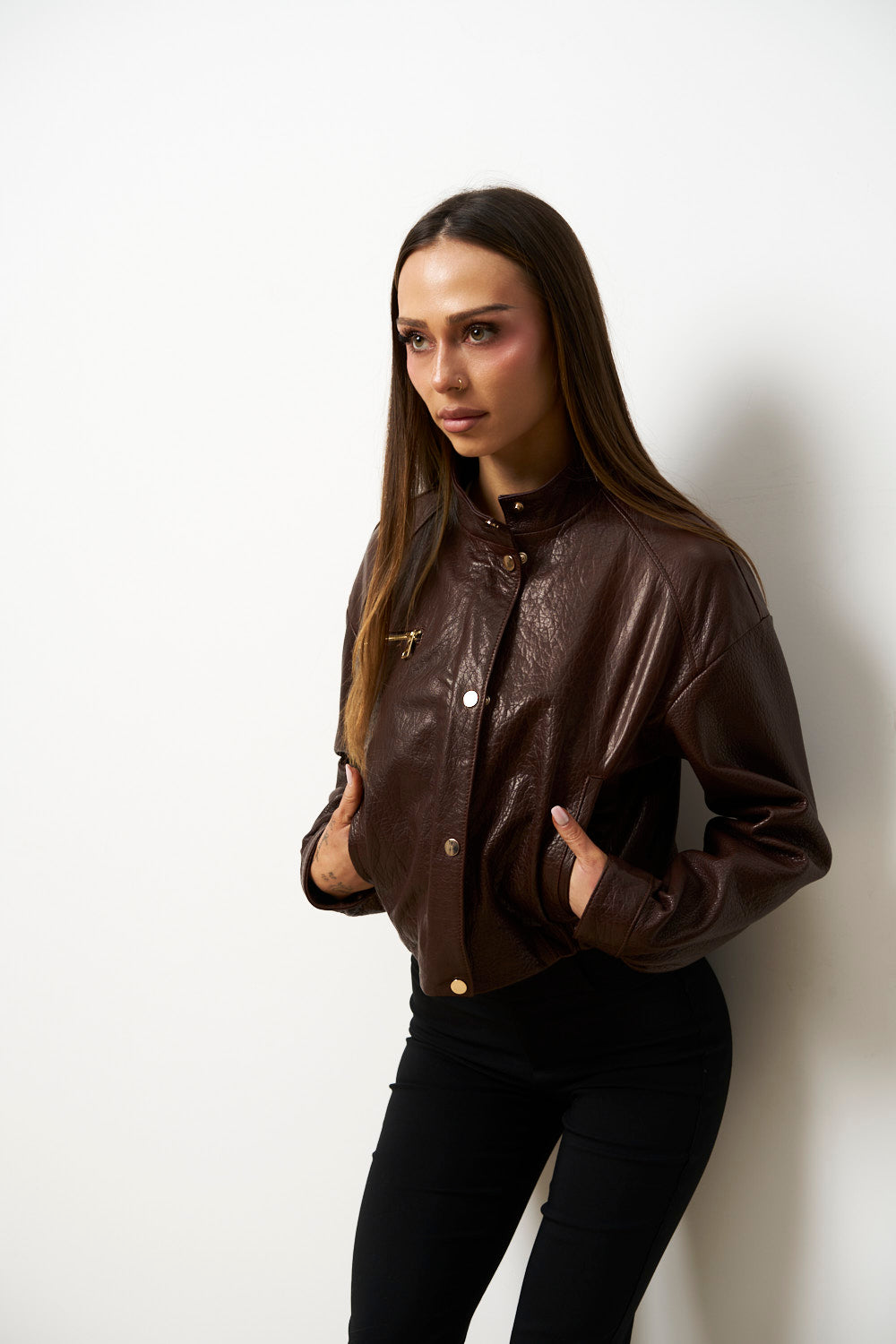 Geacă din Piele Naturală pentru Femei, Cropped, Maro, Mareus