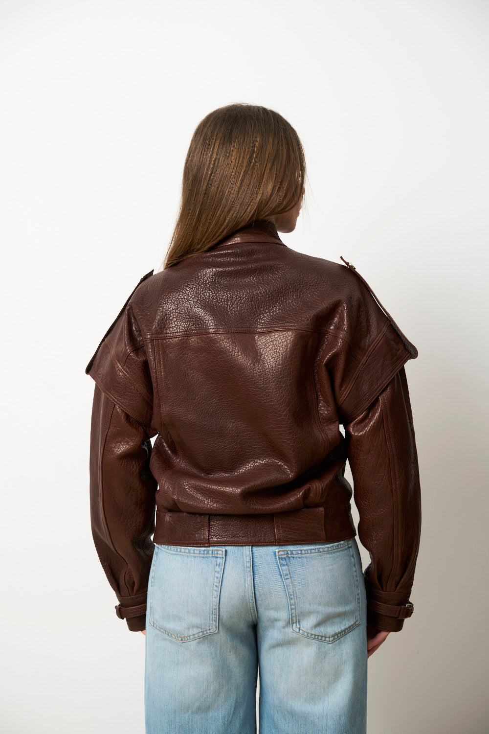 Geacă din Piele Naturală pentru Femei, Maro, Oversized, Mareus