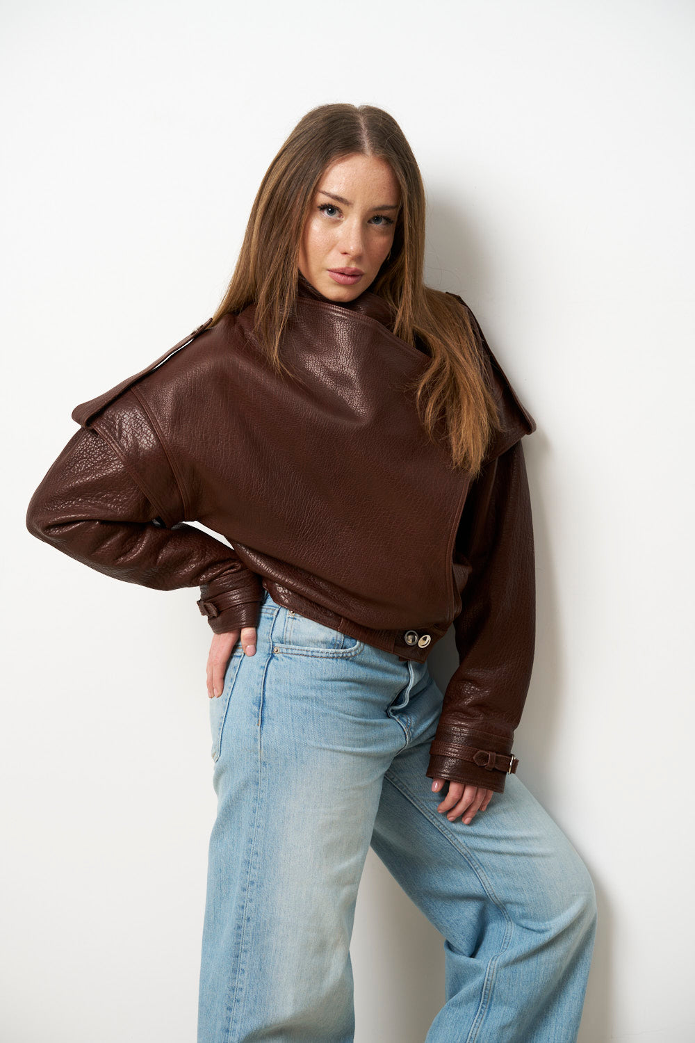 Geacă din Piele Naturală pentru Femei, Maro, Oversized, Mareus