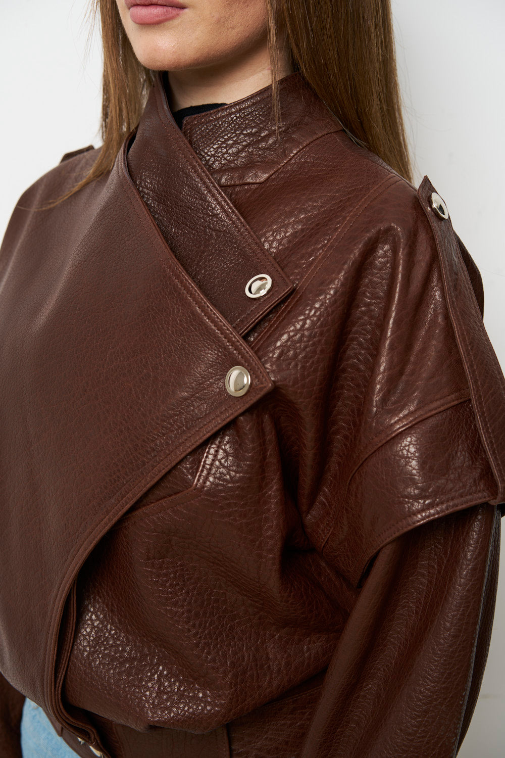 Geacă din Piele Naturală pentru Femei, Maro, Oversized, Mareus