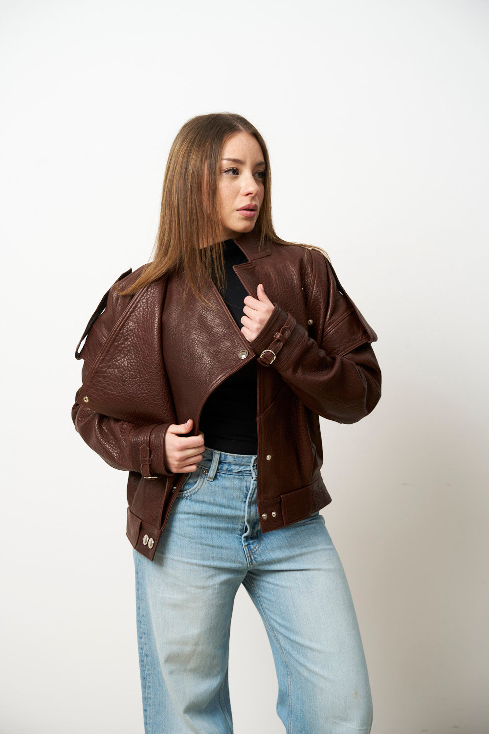 Geacă din Piele Naturală pentru Femei, Maro, Oversized, Mareus