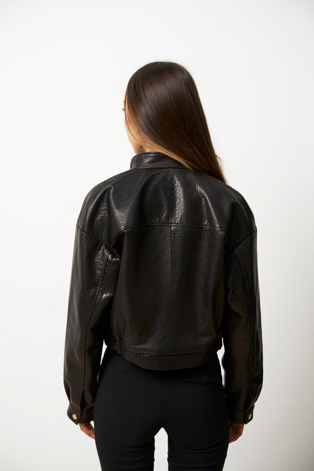 Geacă din Piele Naturală pentru Femei, Cropped, Neagra, Mareus