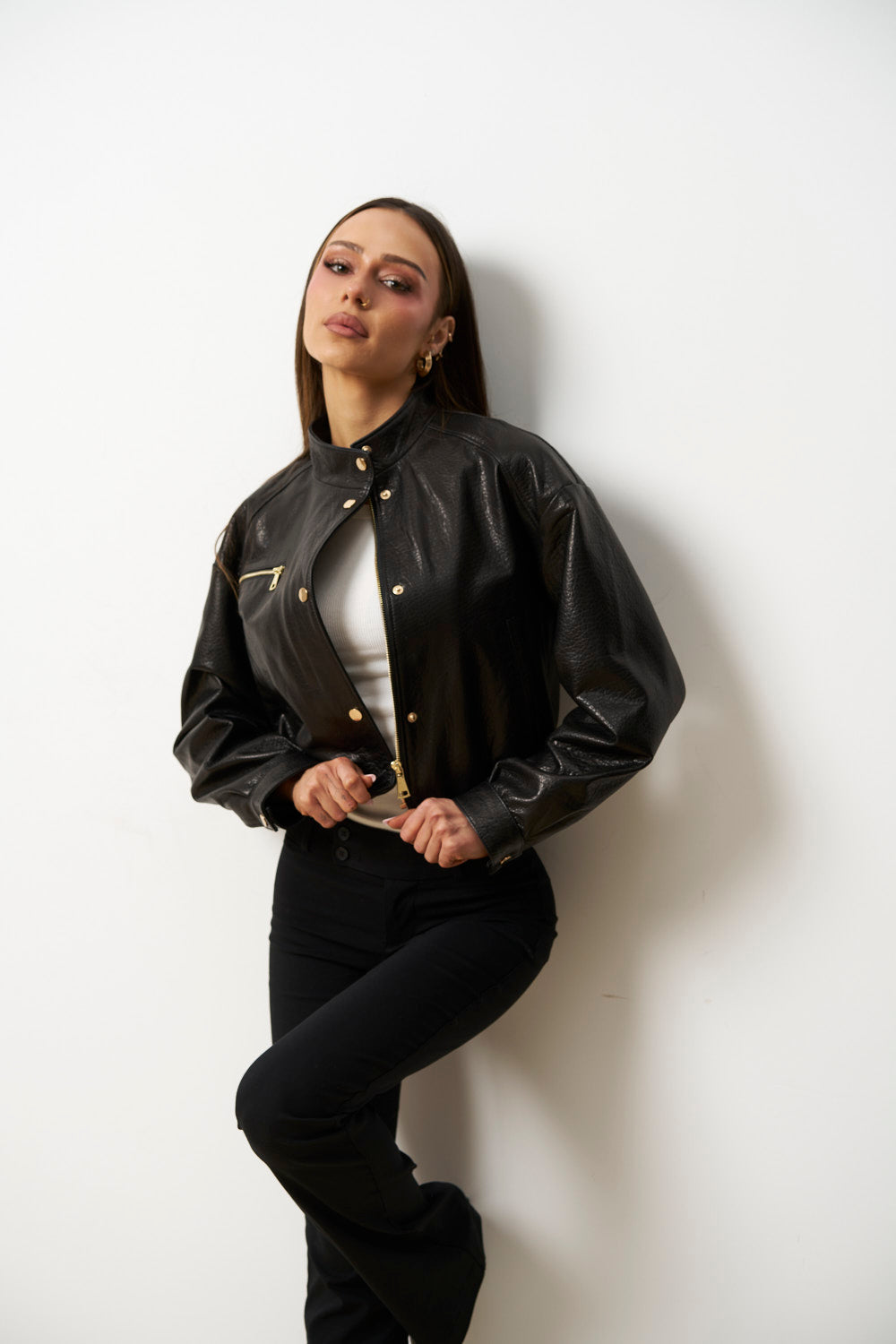 Geacă din Piele Naturală pentru Femei, Cropped, Neagra, Mareus