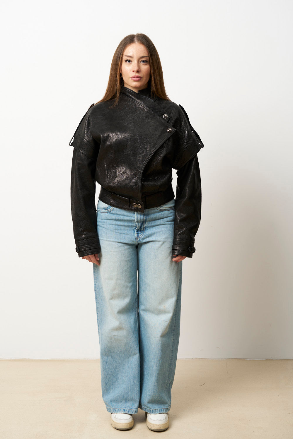 Geacă din Piele Naturală pentru Femei, Jumbo, Neagra, Mareus