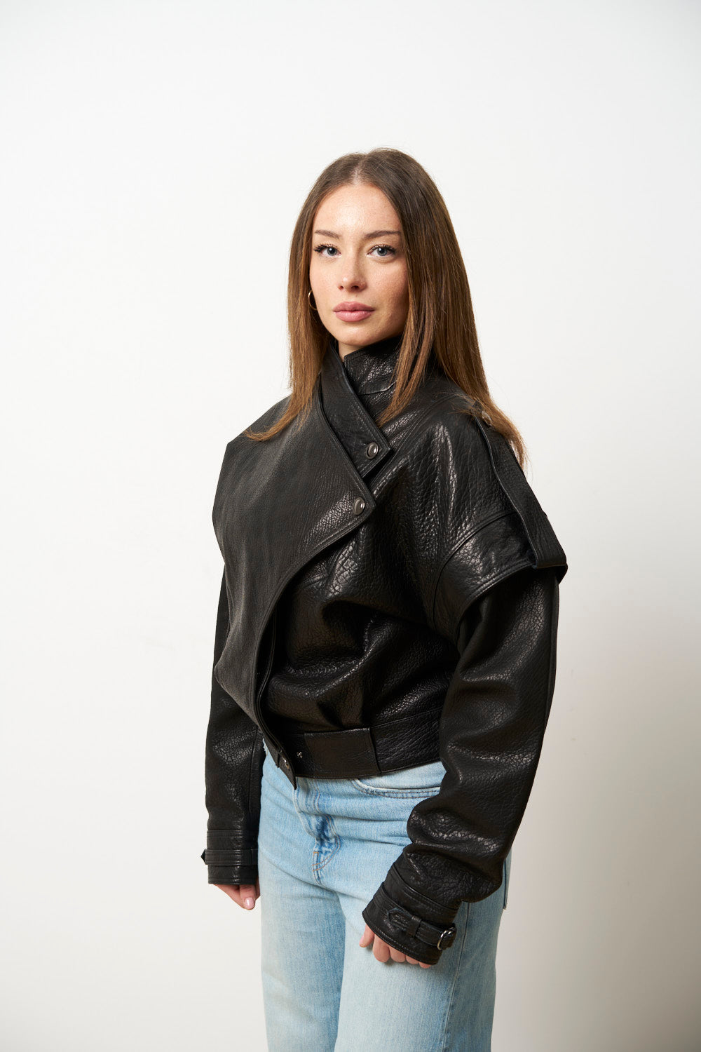 Geacă din Piele Naturală pentru Femei, Jumbo, Neagra, Mareus