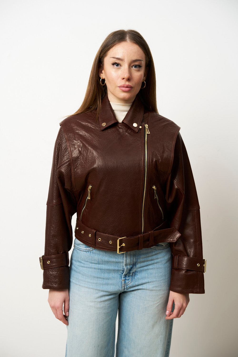 Geacă din Piele Naturală pentru Femei, Oversized, Maro, Mareus