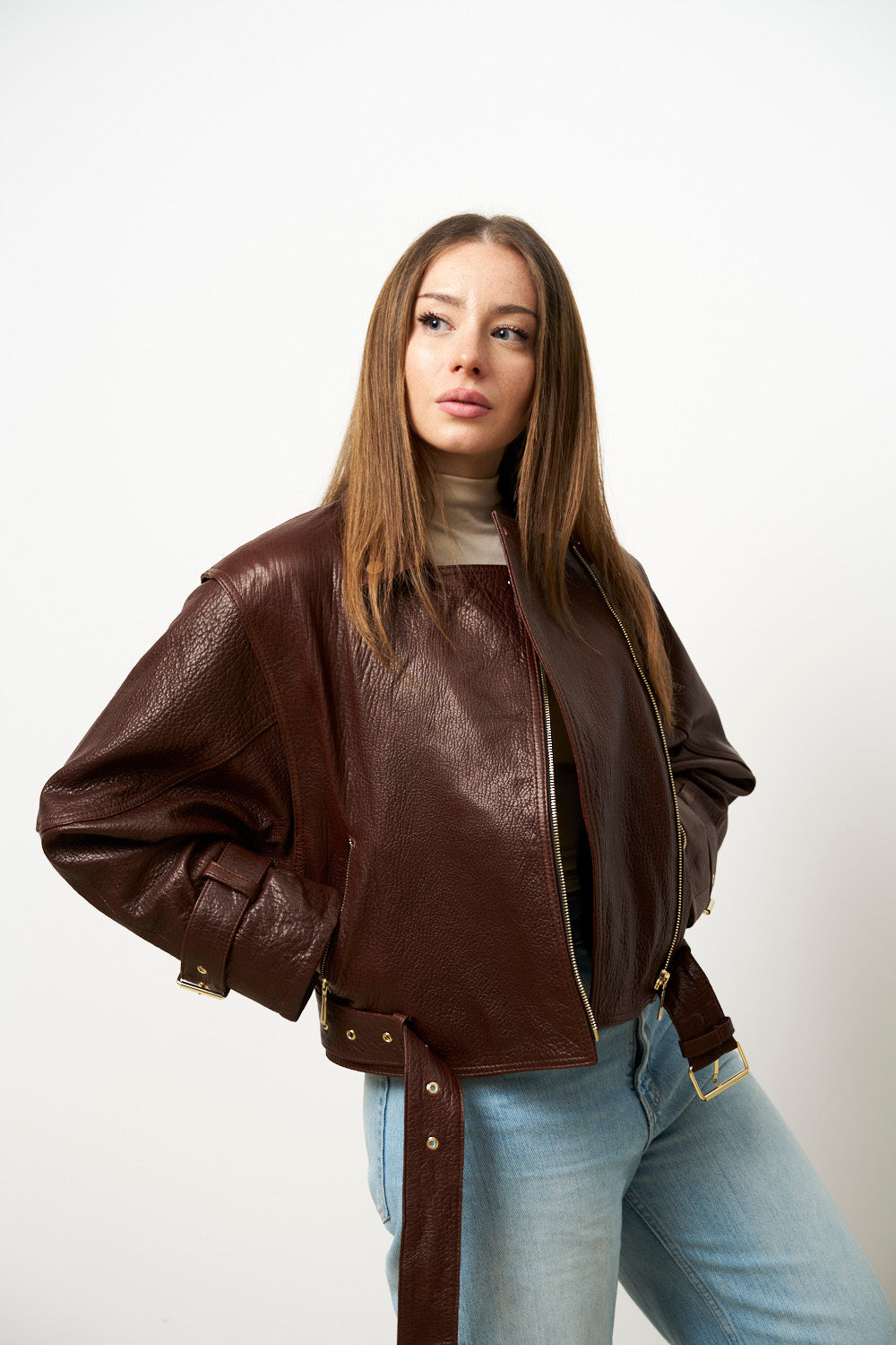 Geacă din Piele Naturală pentru Femei, Oversized, Maro, Mareus