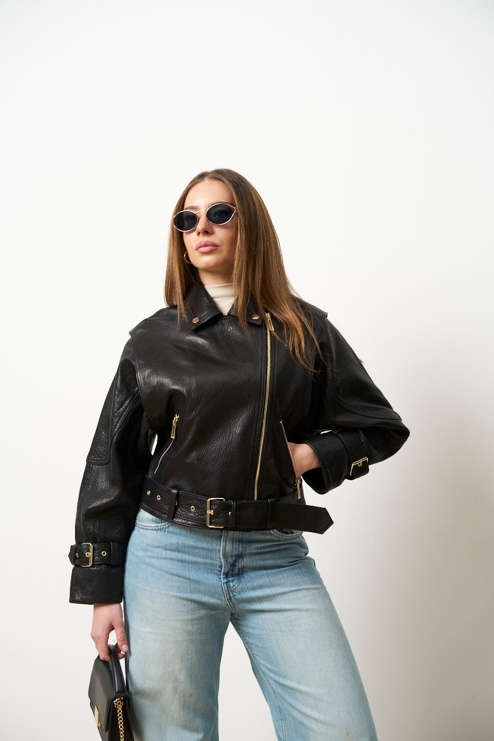 Geacă din Piele Naturală pentru Femei, Oversized, Negru, Mareus