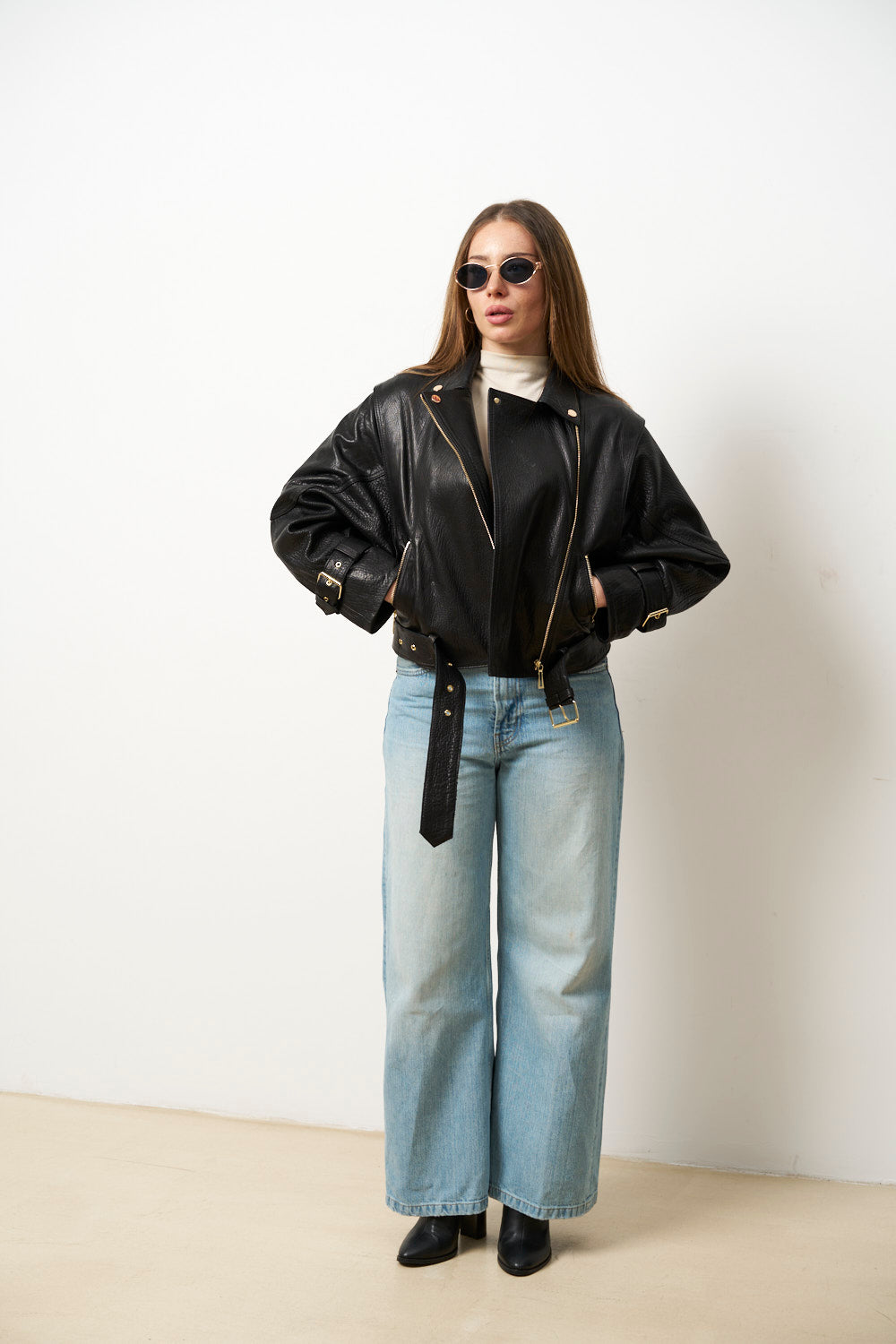 Geacă din Piele Naturală pentru Femei, Oversized, Negru, Mareus