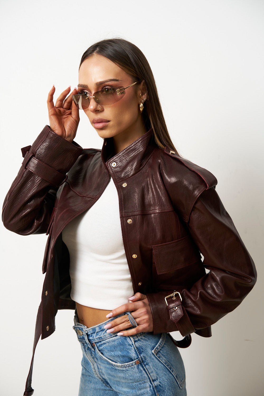 Geacă din Piele Naturală pentru Femei, Visinie, Mareus