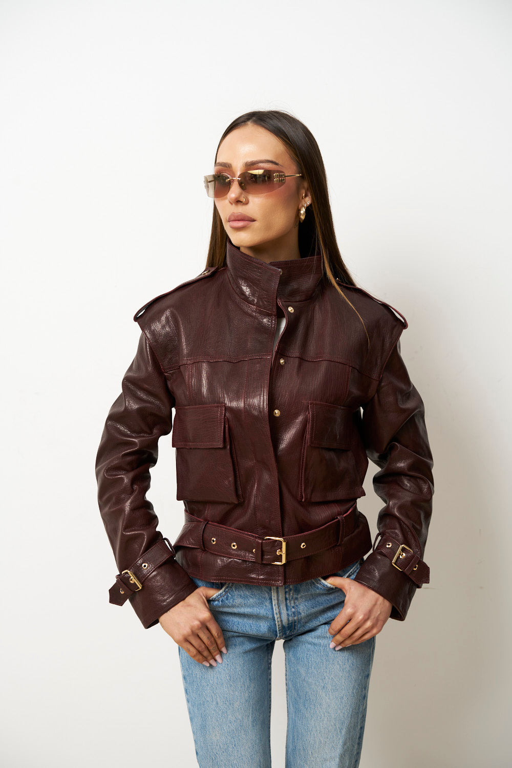 Geacă din Piele Naturală pentru Femei, Visinie, Mareus