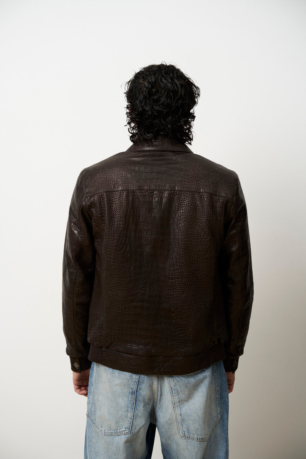 Geacă din Piele Naturală pentru Bărbați, Textură Crocodil, Maro, Mareus