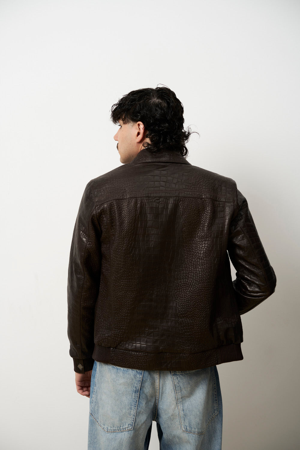 Geacă din Piele Naturală pentru Bărbați, Textură Crocodil, Maro, Mareus