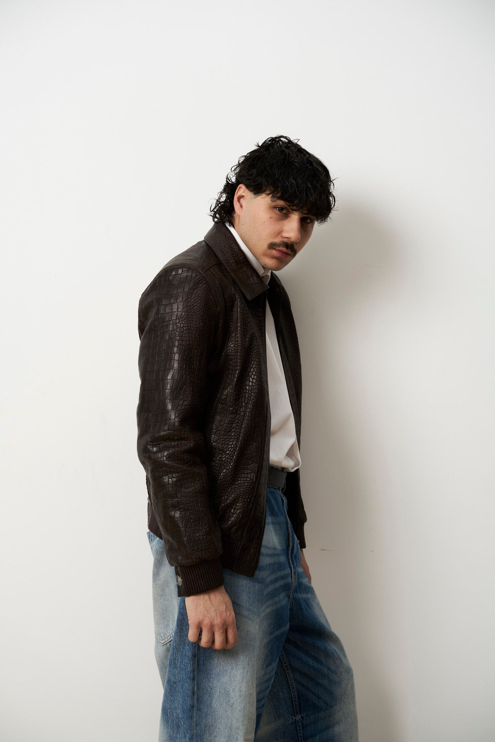 Geacă din Piele Naturală pentru Bărbați, Textură Crocodil, Maro, Mareus