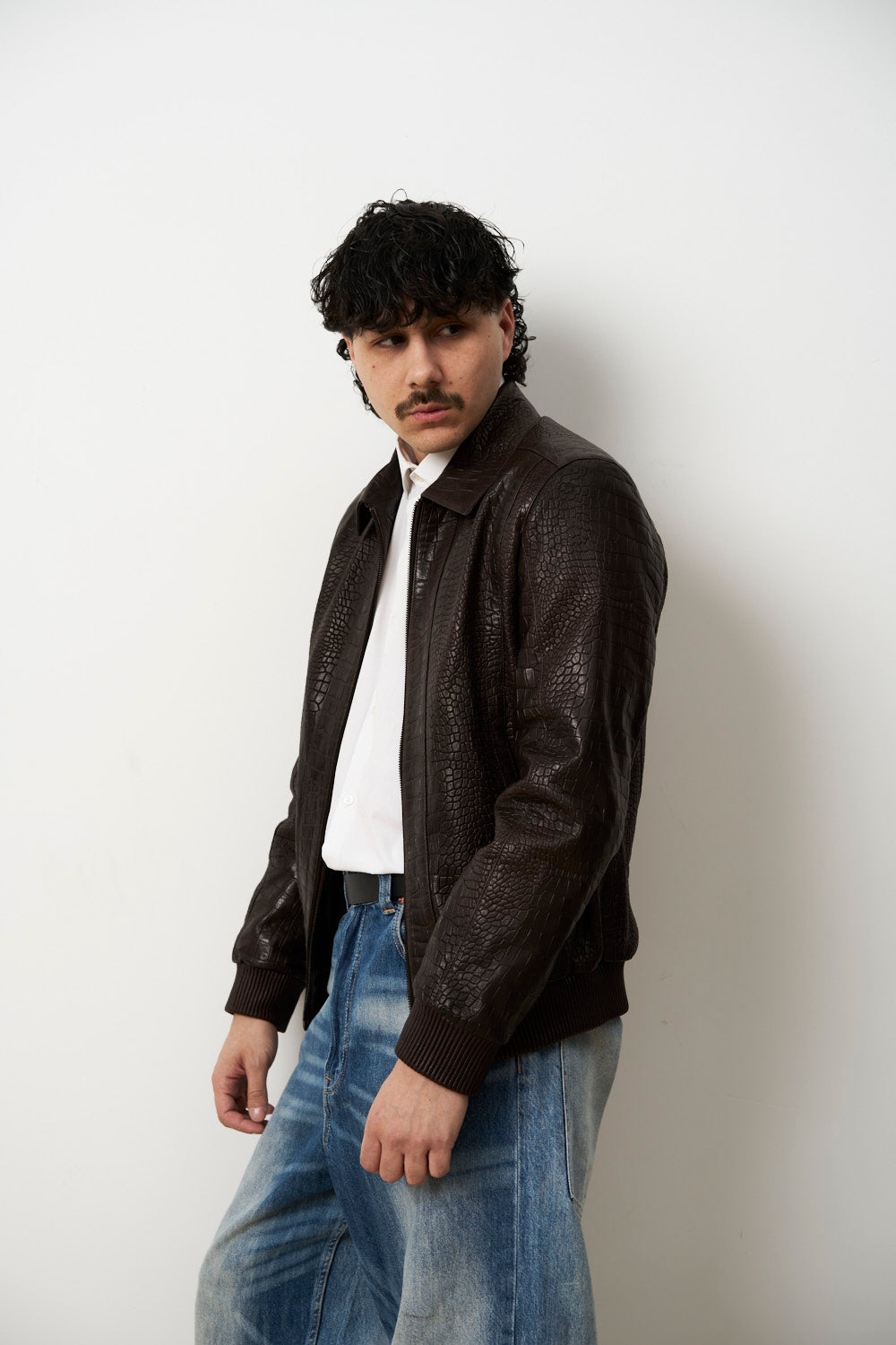 Geacă din Piele Naturală pentru Bărbați, Textură Crocodil, Maro, Mareus