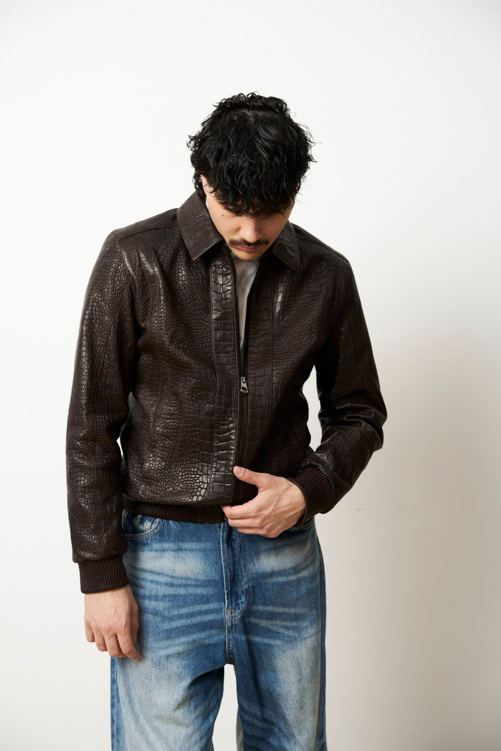 Geacă din Piele Naturală pentru Bărbați, Textură Crocodil, Maro, Mareus