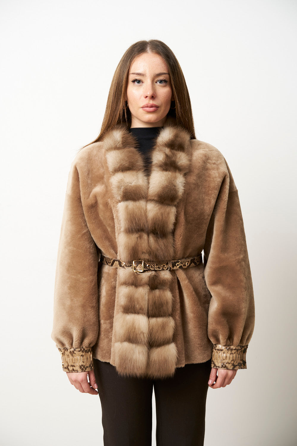 Haina din Blană Naturală de Merinos Spaniol, cu Guler Jder și Accesorii Piele de Piton, Ivory Luxury, Mareus