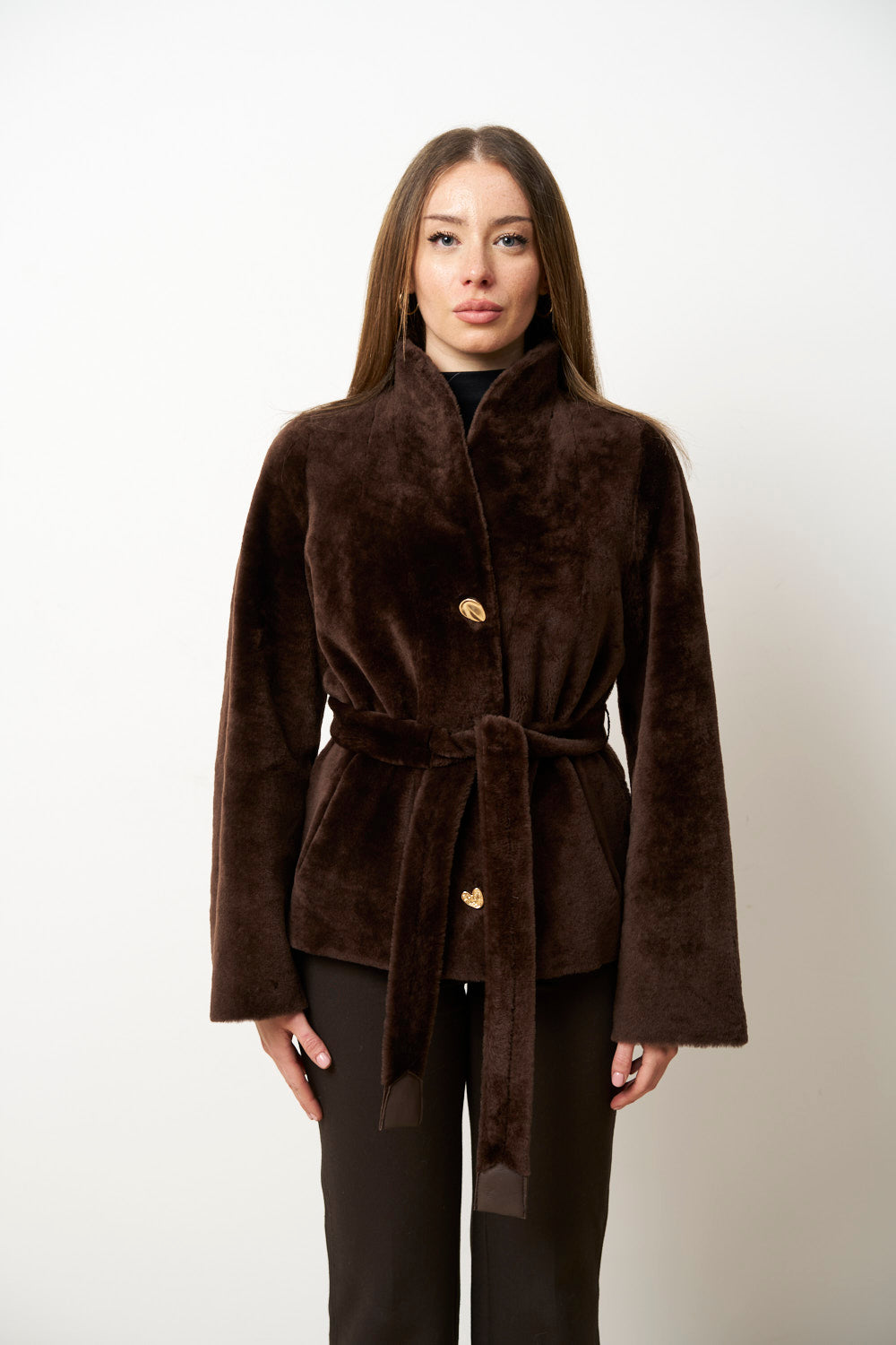 Haină Blană Naturală din Lână Merinos Spaniol, Maro Ciocolata, Mareus